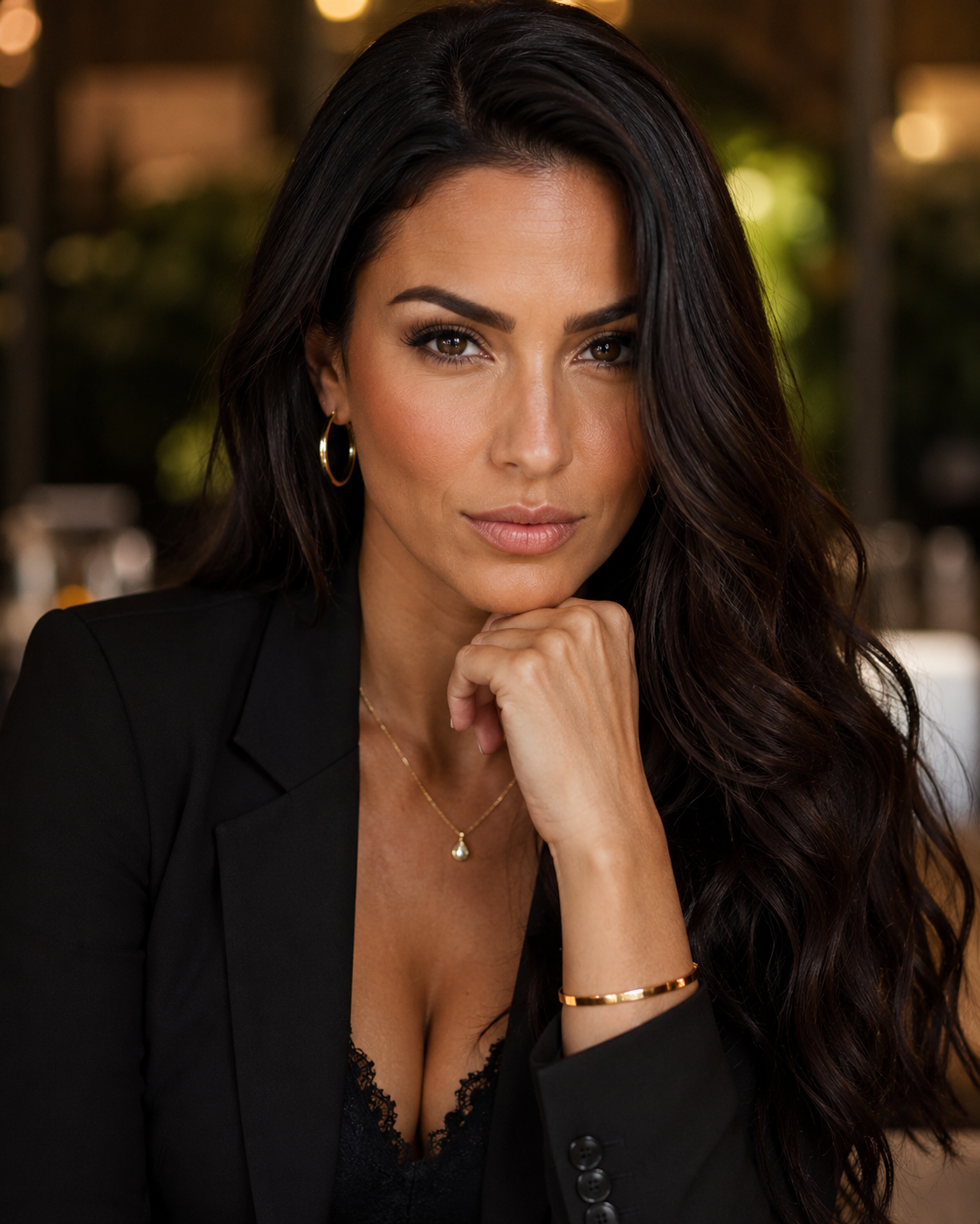 The Protector — confident woman in black blazer with an intense, evaluating gaze