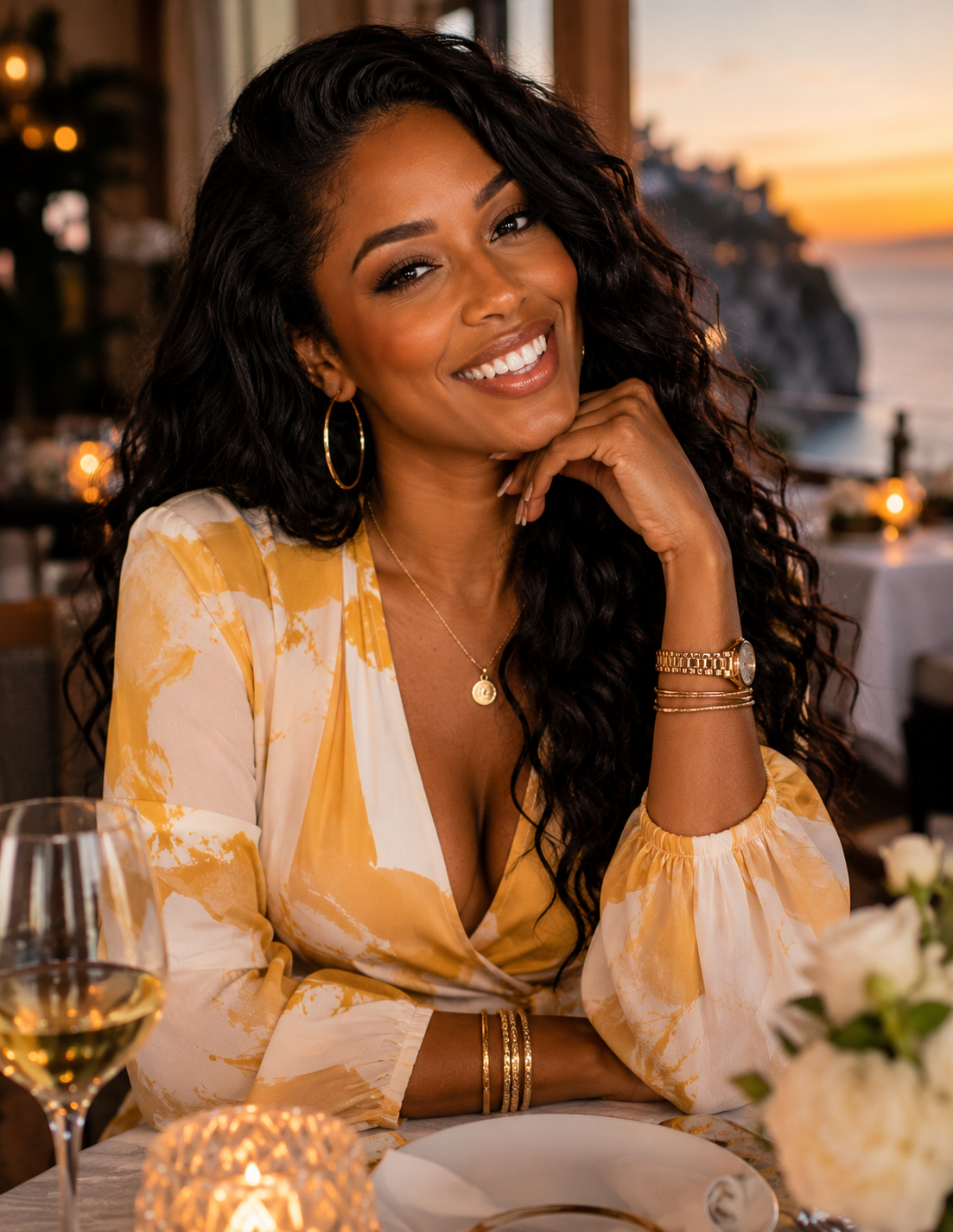 The Ride-or-Die — warm woman in gold dress smiling at a sunset dinner