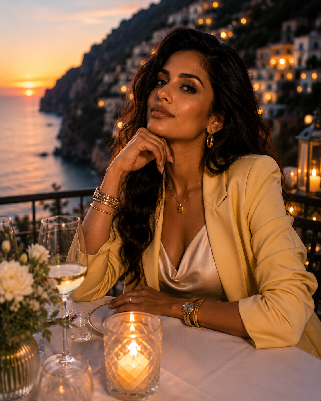 The Skeptic — pensive woman in yellow blazer at a candlelit Amalfi dinner