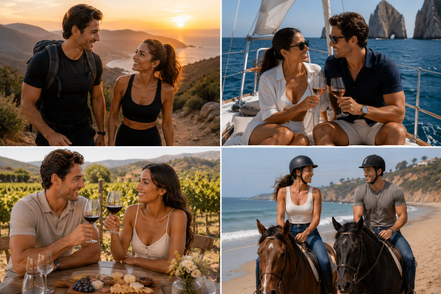 Four date scenes: hiking at sunset, sailing, vineyard wine tasting, and horseback riding on the beach