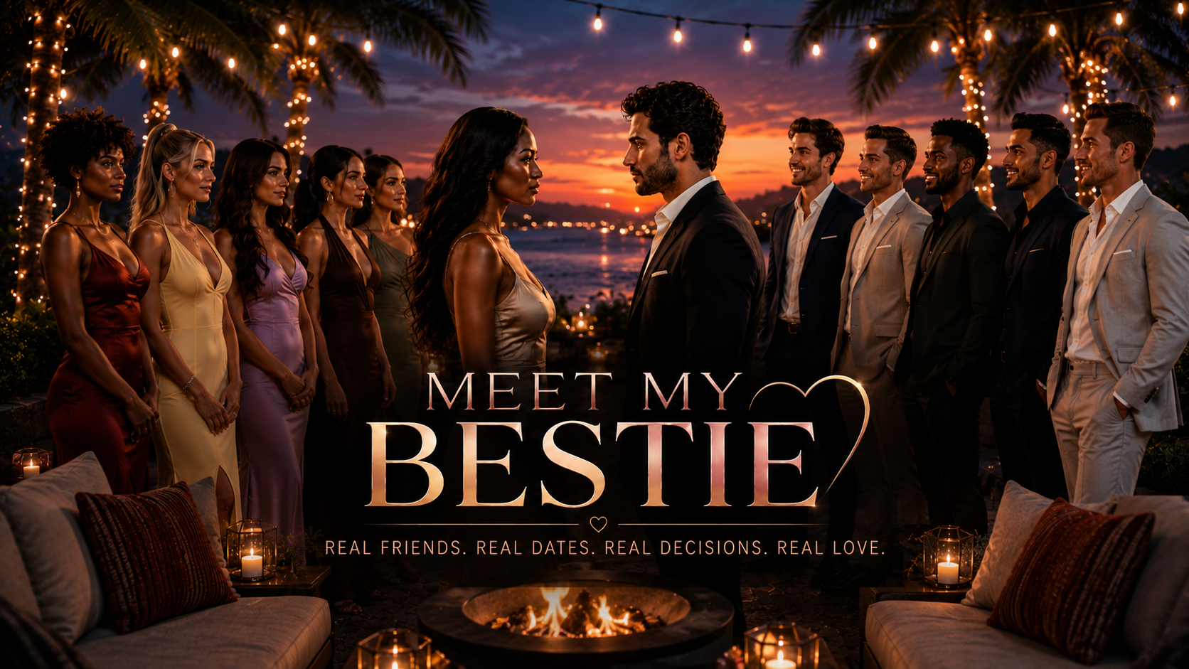 Meet My Bestie — full cast at a sunset firepit, women left, men right, with title and tagline in the image